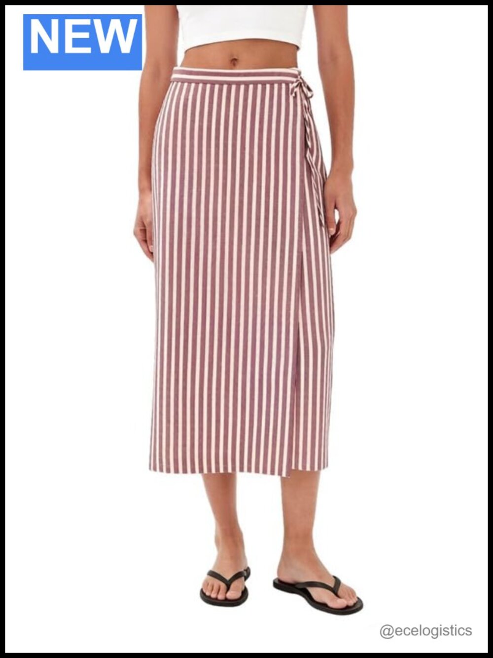 Women Striped Wrap Midi Skirt Cotton Linen High Waist Tie Waist Split Long